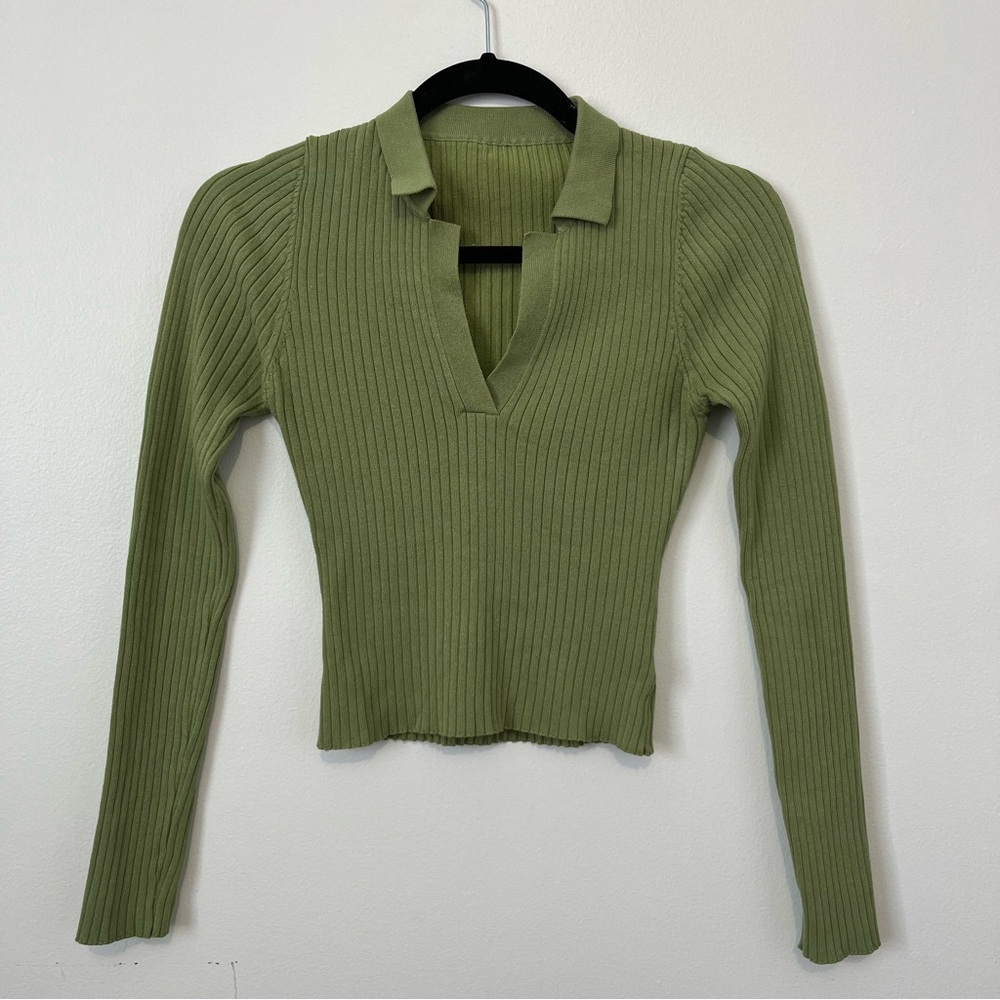 Olive Ribbed V-Neck Women's Top